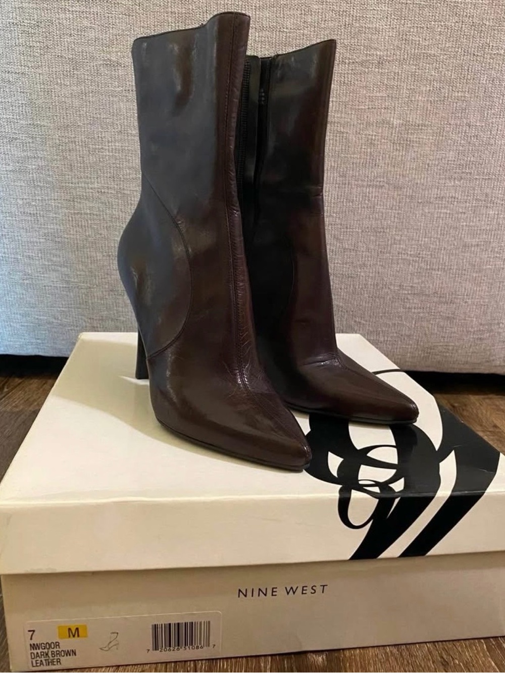 Nine West Dark Brown Pointed Toe Leather Mid-Calf Heeled Boots